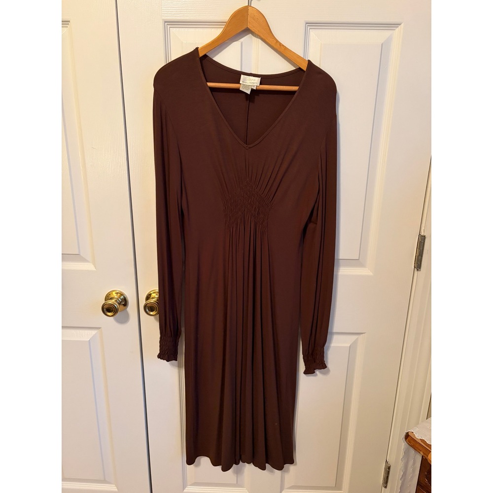 Donna Morgan Brown Smocked V-Neck Long Sleeve Midi Dress Size 12